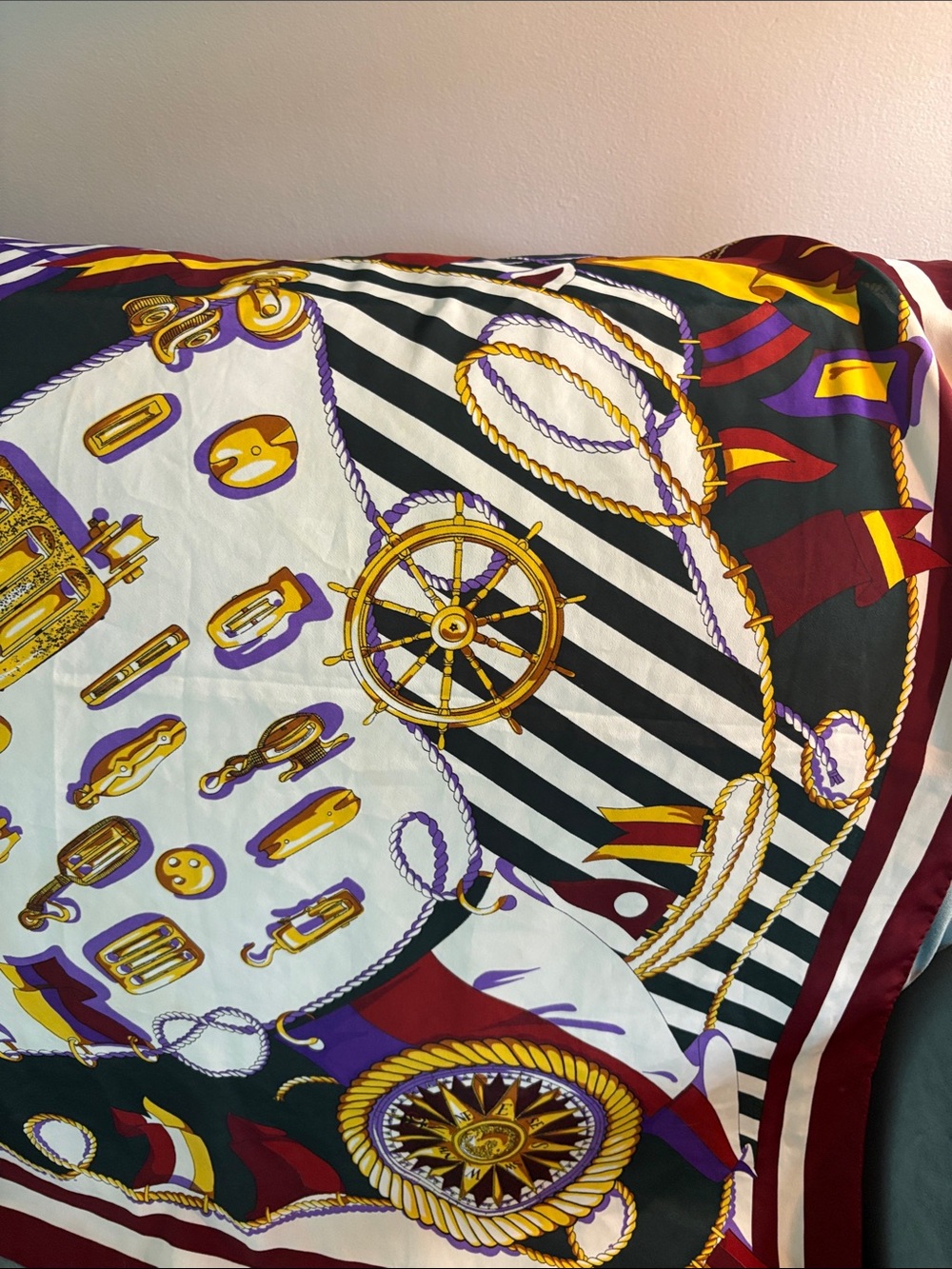 Hermes Silk Scarf in Burgundy, Black, White, Gold, Purple - Picture 5 of 6